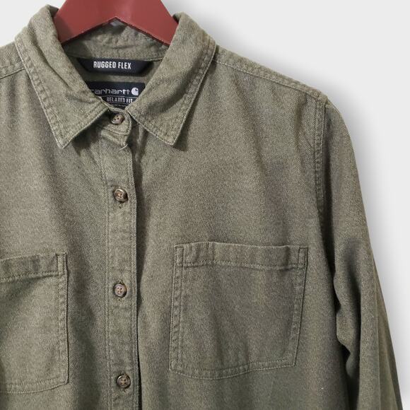 Carhartt Womens Rugged Flex Relaxed Fit Midweight Flannel Tunic Shirt Green Sz L - Picture 4 of 14